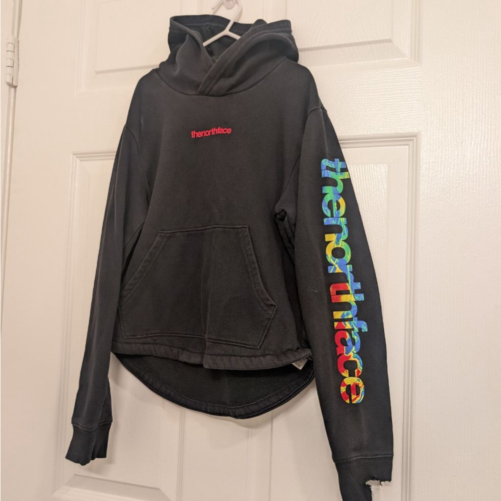 Girls Teen The North Face Black Rainbow Logo Hoodie L High Low Hem